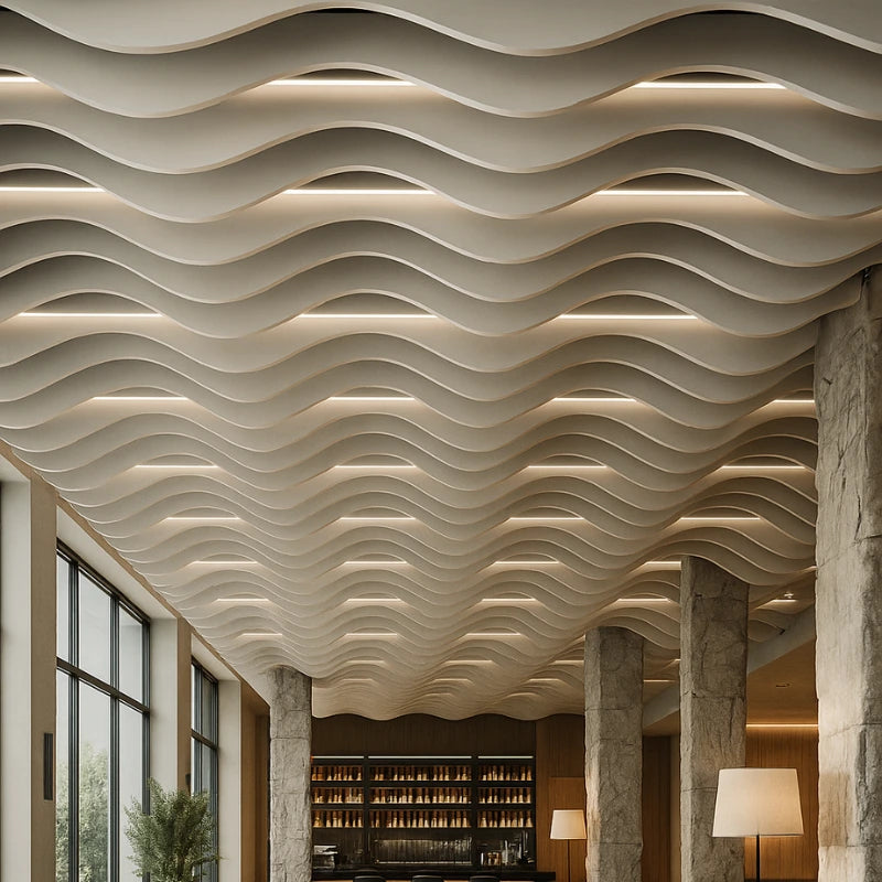 Ceiling with wavy architectural design in a modern interior setting